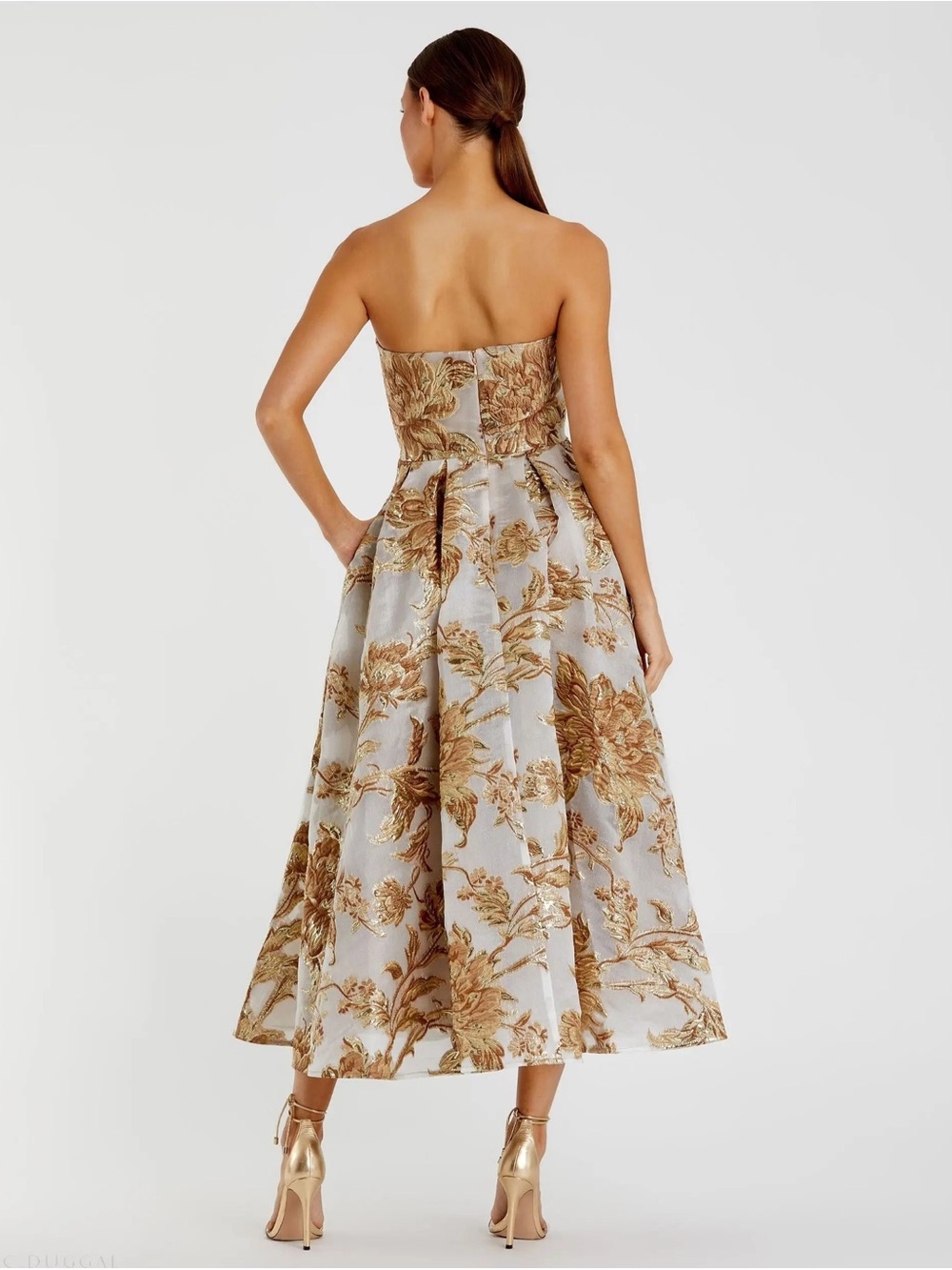 Mac Duggal 20716 Gold Strapless Brocade Midi Dress with Pockets Size 12 NWT - Picture 4 of 13